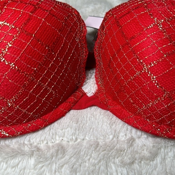 Victoria’s Secret Push Up Lined Demi Lace Bra Red Gold Metallic Size 32 D NEW - Picture 11 of 12